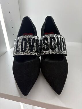 Love Moschino Black Pointed Slip-On Heels with Crystal Logo Band
